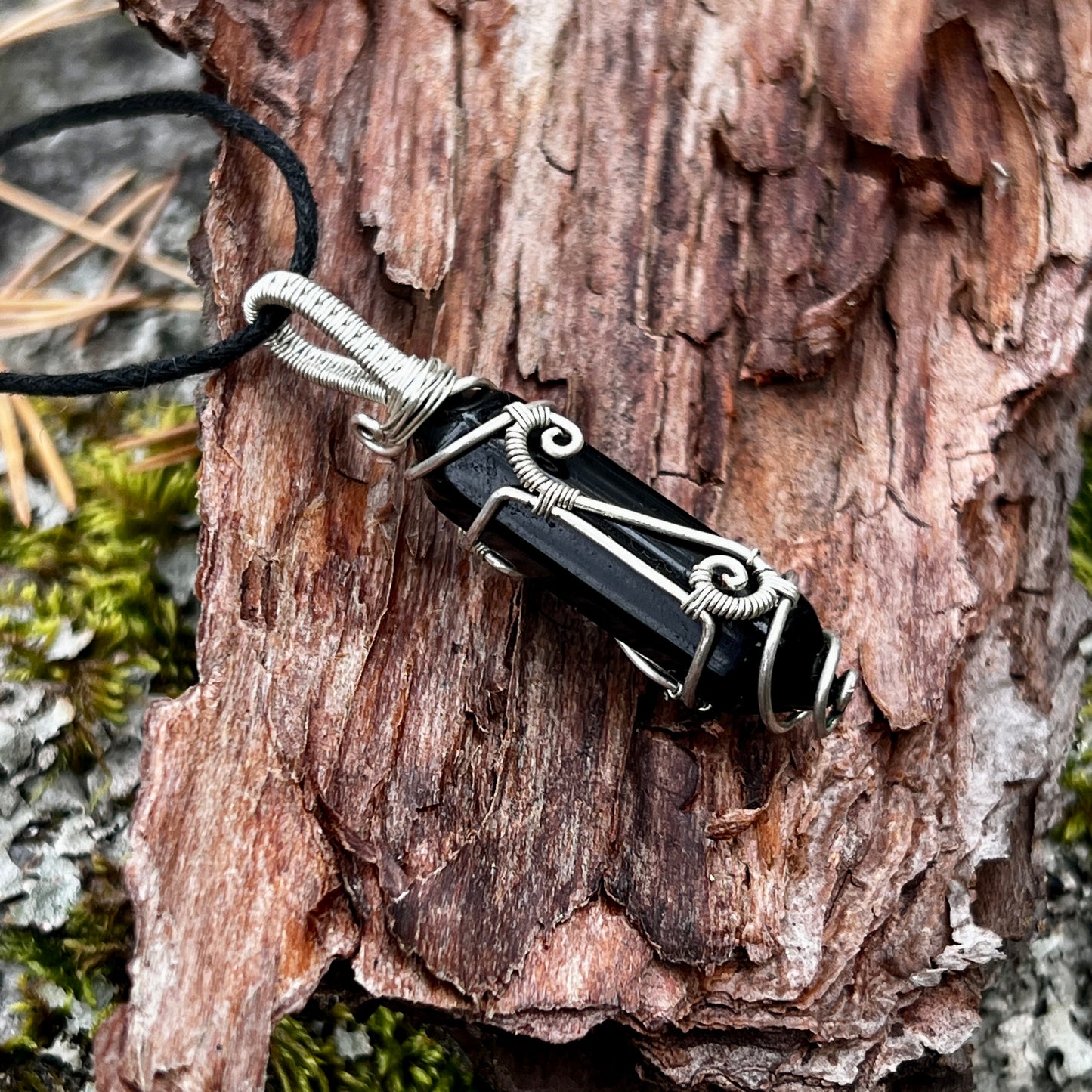 Black Obsidian, Handmade pendant, lace